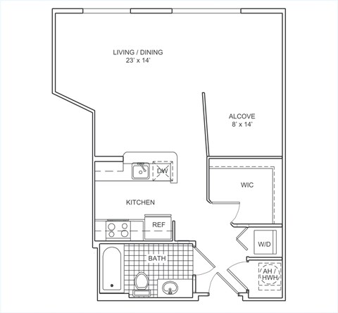 Floor plan for studio, 1 bath, 620 sqft